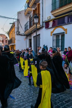 Velez Malaga, İspanya-3 Şubat 2018 A renkli karnaval geçit Andalusia küçük bir kasaba sakinleri tarafından düzenlenen