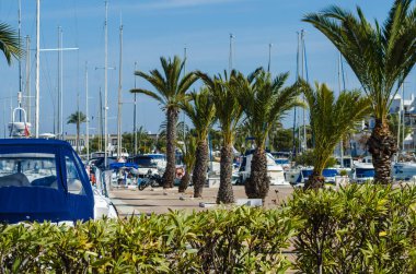 La Manga, İspanya - 4 Mart 2019 Marina Bay La M'de lüks tekneler
