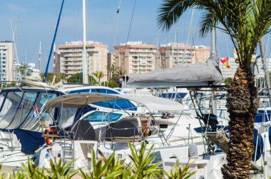 La Manga, İspanya - 4 Mart 2019 Marina Bay La M'de lüks tekneler