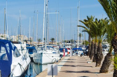 La Manga, İspanya - 4 Mart 2019 Marina Bay La M'de lüks tekneler