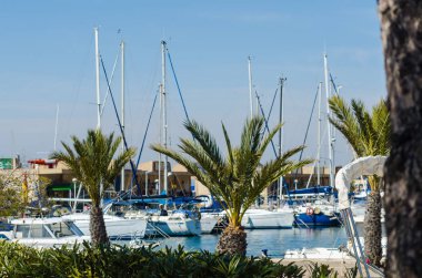 La Manga, İspanya - 4 Mart 2019 Marina Bay La M'de lüks tekneler