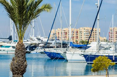 La Manga, İspanya - 4 Mart 2019 Marina Bay La M'de lüks tekneler