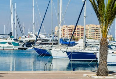 La Manga, İspanya - 4 Mart 2019 Marina Bay La M'de lüks tekneler