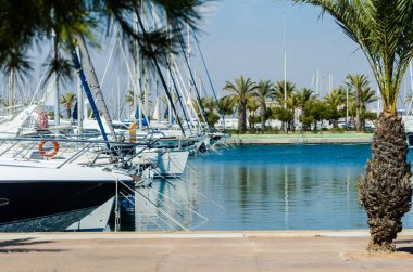 La Manga, İspanya - 4 Mart 2019 Marina Bay La M'de lüks tekneler