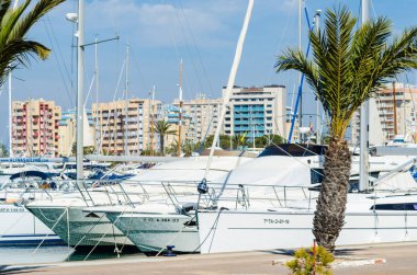 La Manga, İspanya - 4 Mart 2019 Marina Bay La M'de lüks tekneler
