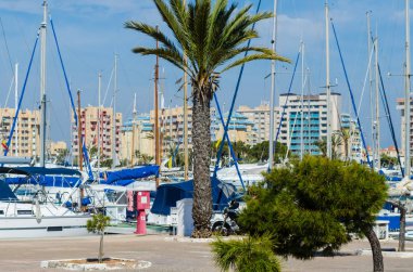 La Manga, İspanya - 4 Mart 2019 Marina Bay La M'de lüks tekneler