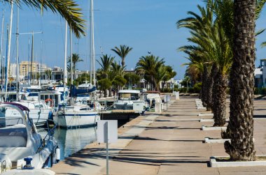 La Manga, İspanya - 4 Mart 2019 Marina Bay La M'de lüks tekneler