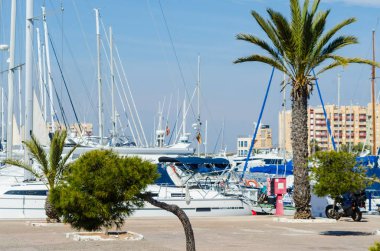 La Manga, İspanya - 4 Mart 2019 Marina Bay La M'de lüks tekneler
