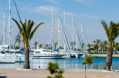 La Manga, İspanya - 4 Mart 2019 Marina Bay La M'de lüks tekneler