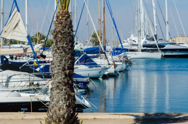 La Manga, İspanya - 4 Mart 2019 Marina Bay La M'de lüks tekneler