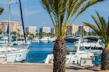 La Manga, İspanya - 4 Mart 2019 Marina Bay La M'de lüks tekneler