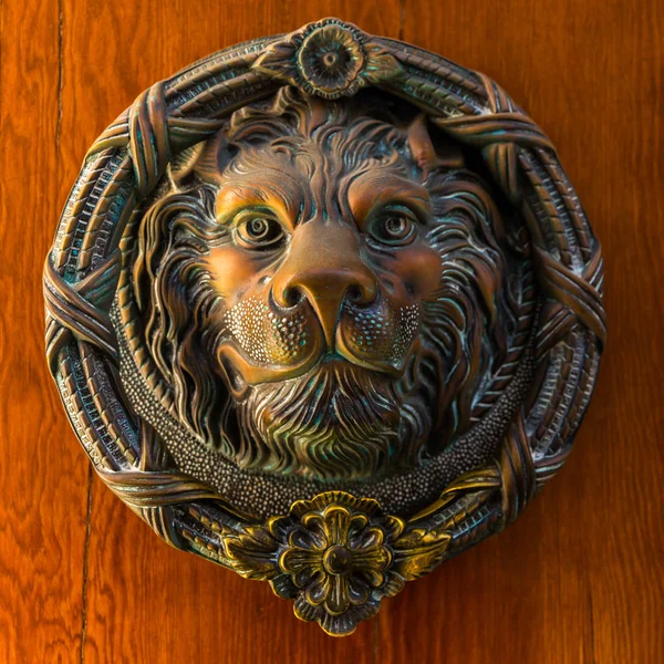 ライオンの形をした真鍮ノッカー付きドア、美しいエントラン — ストック写真
