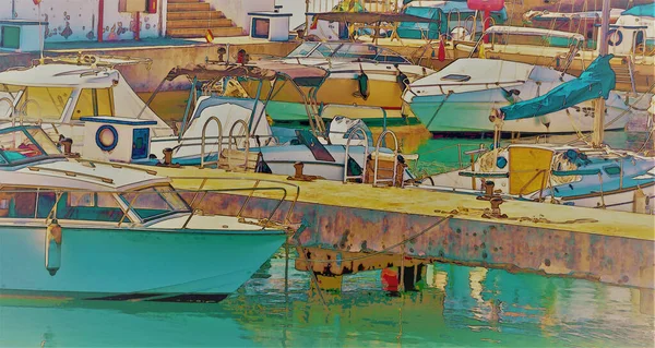 Illustration Eines Kleinen Hafens Mit Yachten Und Schiffen Sonnigen Spanien — Stockfoto