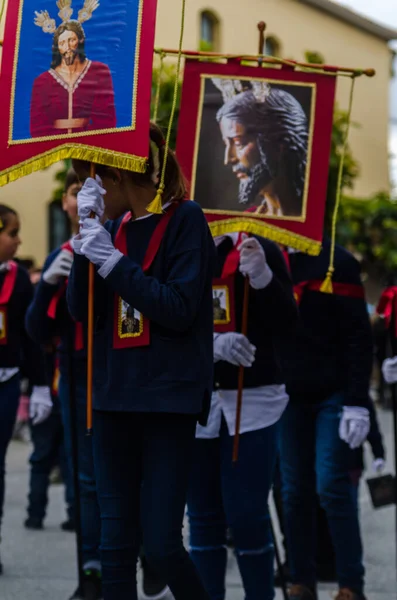 Velez Malaga Espanha Março 2018 Crianças Participando Procissão Associada Semana — Fotografia de Stock