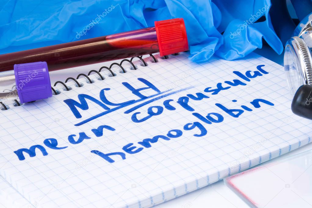 Mean corpuscular hemoglobin count procedure (MCH) blood test. Laboratory test tubes with blood, stethoscope, smear or film and gloves are near note with text MCH on table in doctor office