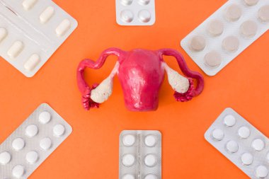 Kadın rahim altı blister paketleri içinde görüntünün köşelerinde turuncu arka plan beyaz hap ile çevrili figürü. Kadın üreme sisteminin ilaç tedavisinin konsept sanat fotoğraf