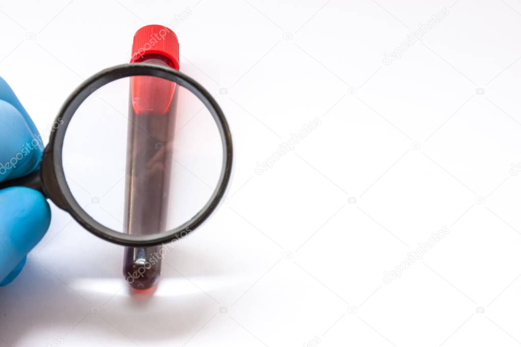 Hematology concept photo. Doctor or medical laboratory technician hand in glove examine with magnifying glass labtube with blood on white background occupy half of photo, in second half - empty space