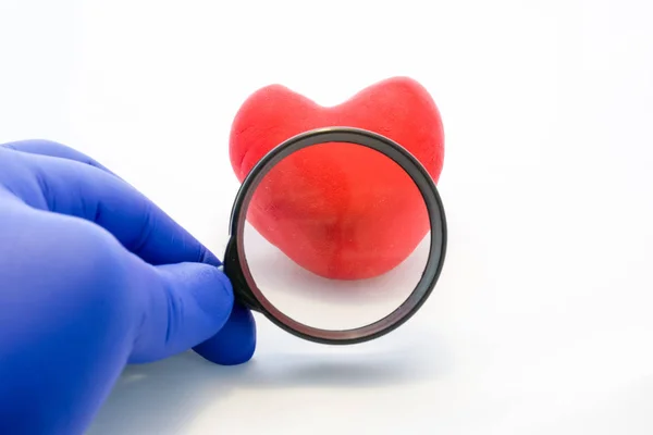 心脏体检或诊断的概念照片 医生拿着戴着手套的手放大镜 通过它你可以看到红色卡片心脏形式的人造身影 用于心脏科 — 图库照片