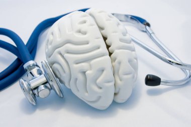 Tanı ve tedavi zihinsel ve psikolojik sağlık kavramı. Beyaz arka plan ve onun tanı stetoskop boş beynin anatomik modelidir. Sinir sistemi hastalıkları belirlenmesi