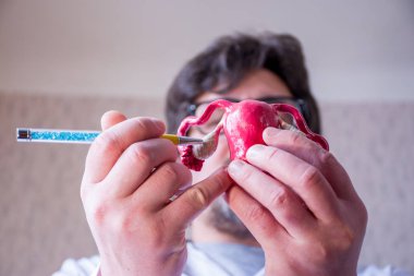 Doktor ufuk arka plan üzerinde ön planda yumurtalıklarda elinde kalem ile işaret yumurtalık ile el onun anatomik model rahim içinde tutar. Patoloji veya bezi hormon sorunları yerelleştirme