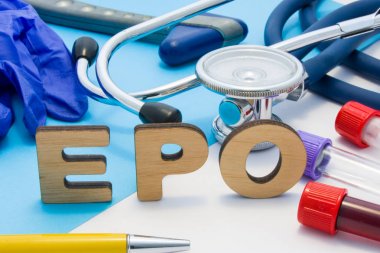 EPO Medical lab acronym, meaning erythropoietin in blood. Letters that make word of EPO, located near test tubes with blood, stethoscope and other diagnostic tools and devices, latex gloves clipart