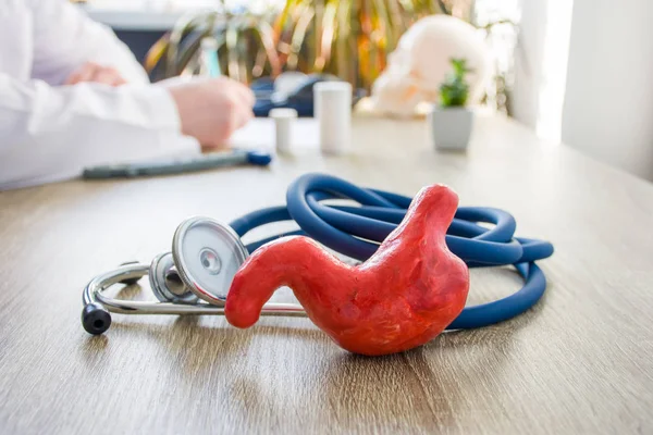 Concept photo of diagnosis and treatment of stomach. In foreground is model of stomach near stethoscope on table in background blurred silhouette doctor at table, filling medical documentation