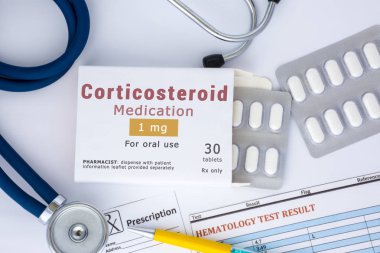 Corticosteroid medication or drug concept photo. On doctor table lies open packaging labeled 