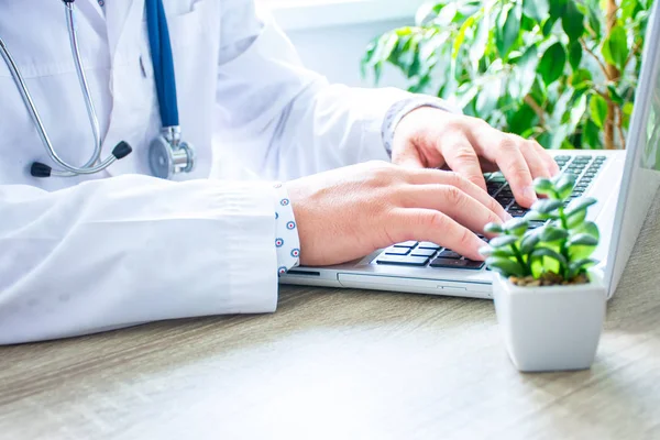 医生或护士在笔记本电脑键盘上打字或电脑在线搜索必要信息 在医院办公室工作场所填写患者保险单 周围是绿色植物 — 图库照片