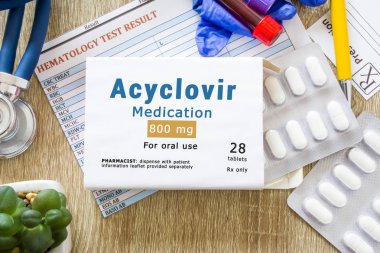 Acyclovir medication as international nonproprietary or generic name concept photo. Packaging of drugs labeled 