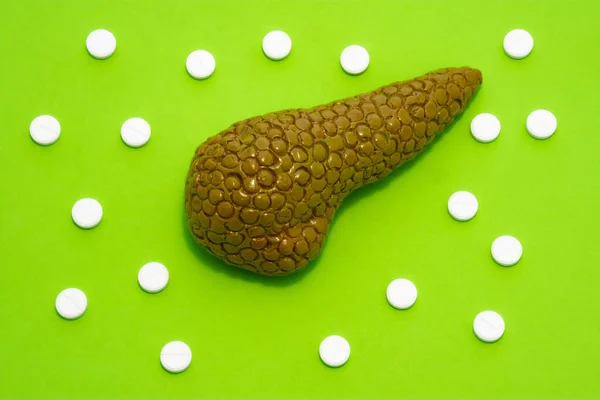 Anatomical realistic figure or model of human or animal pancreas gland on green background, surrounded by white tablets or pills, which are arranged in polka-dot ornament. Photos for use in medicine