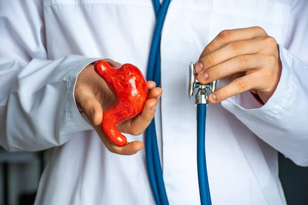 Begreppsbild Diagnos Gastroenterologi Läkaren Hålla Ena Handen Modell Human Mage — Stockfoto