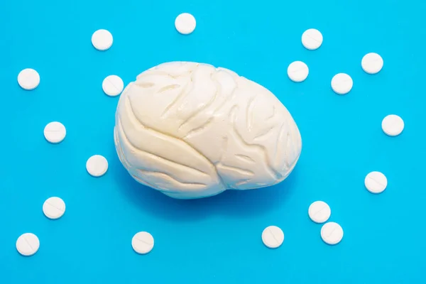 Modelo Anatómico Del Cerebro Está Sobre Fondo Azul Rodeado Píldoras —  Fotos de Stock