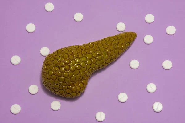 Anatomical realistic figure or model of human or animal pancreas gland on purple background, surrounded by white tablets or pills, which are arranged in polka-dot ornament. Photos for use in medicine