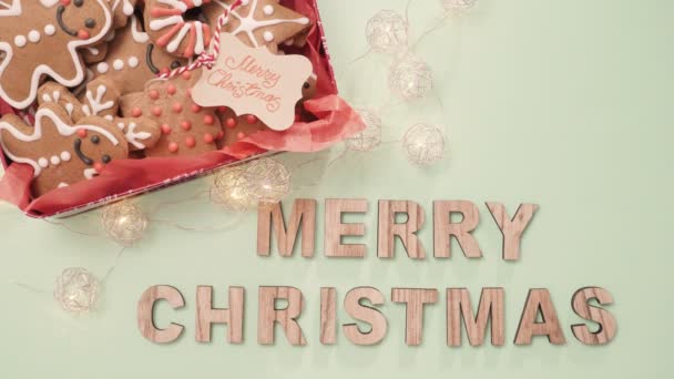 Wood Merry Christmas Sign Traditional Gingerbread Cookies Home Made — Stock Video