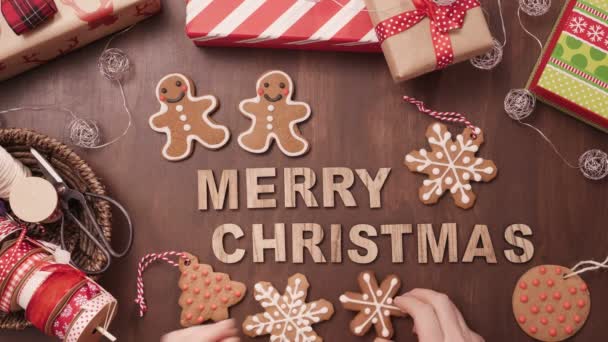 Legno Buon Natale Segno Biscotti Pan Zenzero Tradizionali Fatti Casa — Video Stock