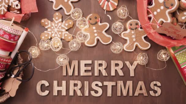 Wood Merry Christmas Sign Traditional Gingerbread Cookies Home Made — Stock Video