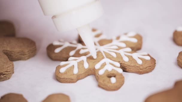 Decorating Traditionella Pepparkakor Med Royal Icing För Jul — Stockvideo