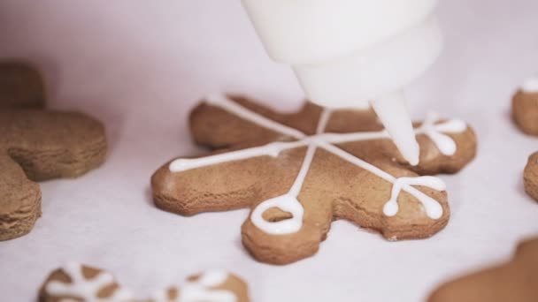 Decorating Traditionella Pepparkakor Med Royal Icing För Jul — Stockvideo