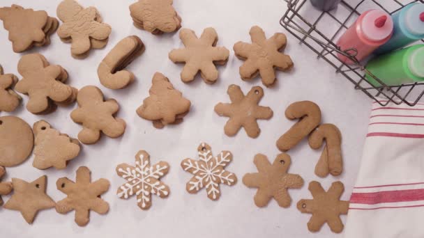 Gingerbread Çerezleri Noel Için Kraliyet Buzlanma Ile Dekorasyon — Stok video