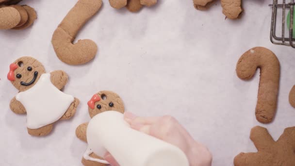 クリスマスのため高貴なアイシングとジンジャーブレッドのクッキーを飾ること — ストック動画