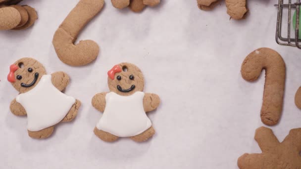 Gingerbread Çerezleri Noel Için Kraliyet Buzlanma Ile Dekorasyon — Stok video