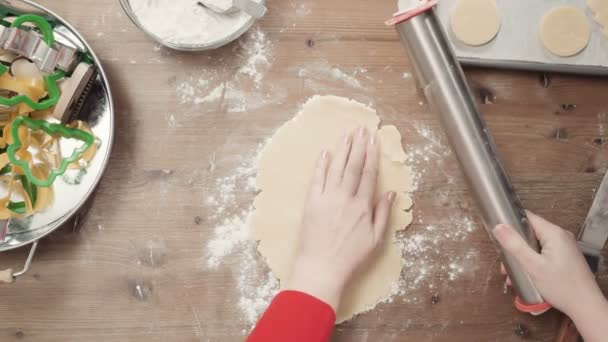 一歩一歩 圧延のこね粉 圧延のこね粉 ベーキングのホリデー シーズン クリスマスの砂糖クッキー — ストック動画