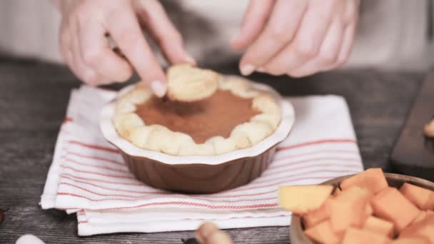 Step Step Decorating Pumpkin Pie Baked Leaves Baking Home Made — Stock Video