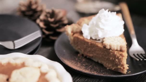 Step Step Eating Slice Freshly Baked Pumpkin Pie — Stock Video