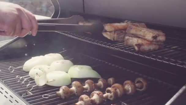 Cebolla Amarilla Pinchos Redy Para Asar Parrilla — Vídeo de stock