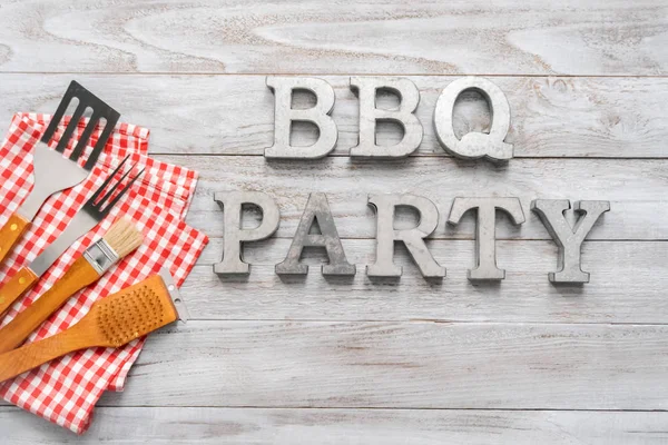 Bbq Party Sign Bbq Cooking Tools Wood Background — Stock Photo, Image