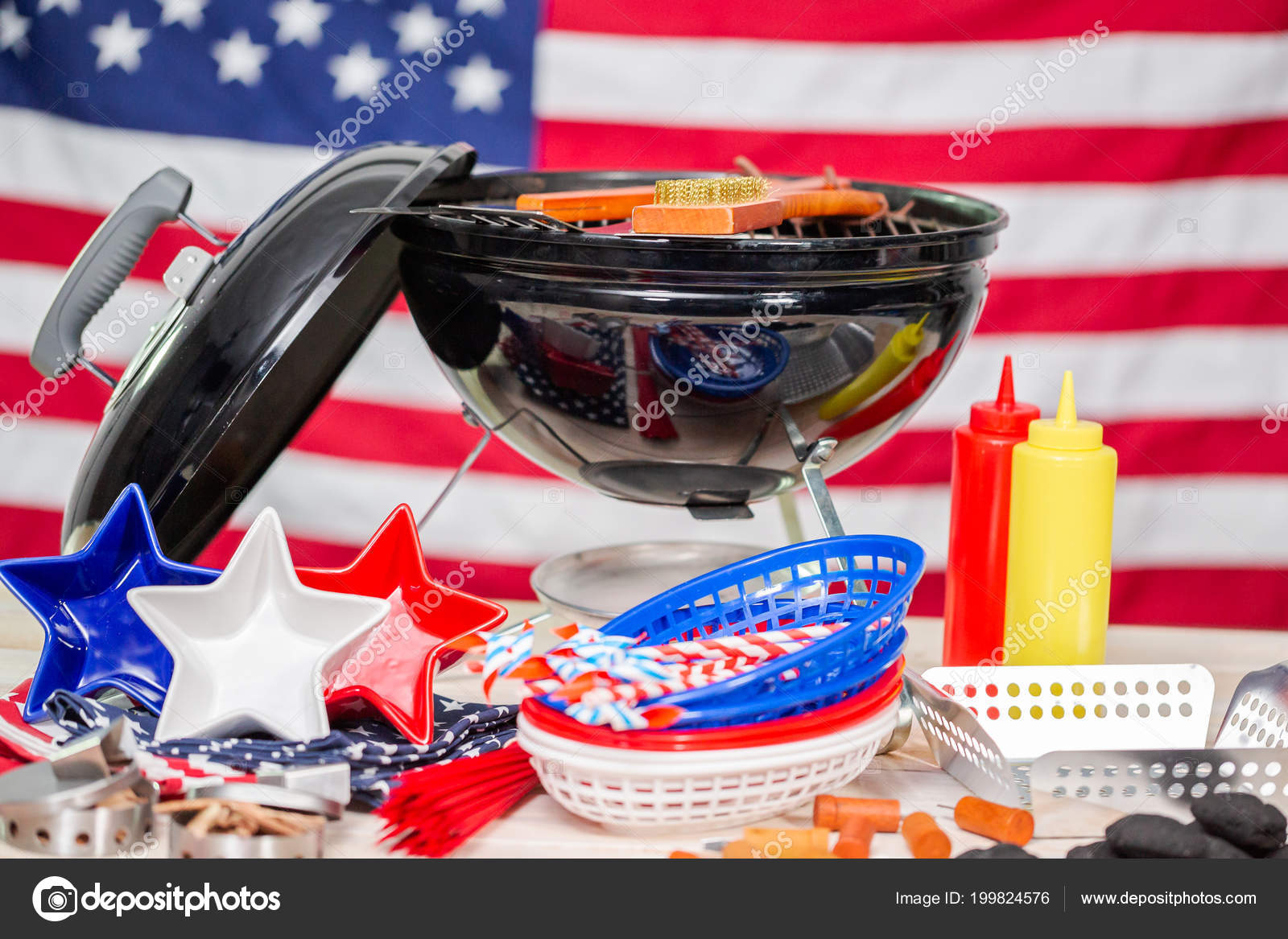 Small Charcoal Grill July 4th Decorations American Flag Background
