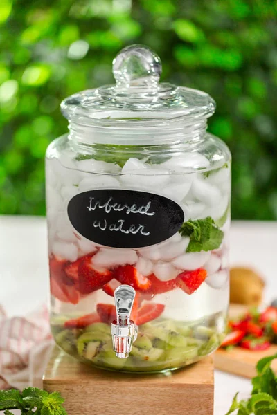 Acqua Infusa Con Fragole Biologiche Kiwi Menta Fresca Nel Dispenser — Foto Stock