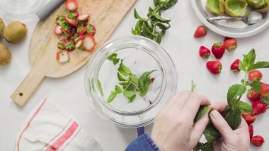 Adım adım. Cam içecek içecek dağıtıcısı organik infüzyon su hazırlama.