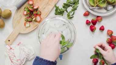 Adım adım. Cam içecek içecek dağıtıcısı organik infüzyon su hazırlama.